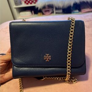 Tory Burch Dark Blue Crossbody Bag with Gold Chain